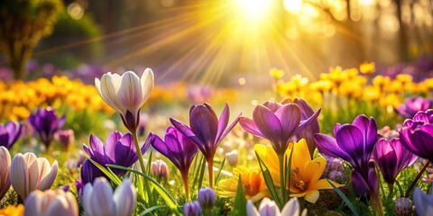 Vulnerable individuals receive support from a community that extends warm hands and gentle smiles, surrounded by a tapestry of purple and yellow blooms under soft sunlight.