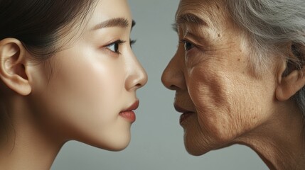 Young woman and her elderly mother take care of their skin and look great,Two generations,Beautiful middle aged mother and her adult daughter,skincare and Aging concept,Comparison of young and old.
