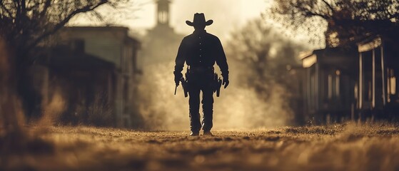 Mysterious Cowboy Sheriff Patrolling a Haunted Wild West Town on Halloween Night  Photography Concept with Copy Space for Text