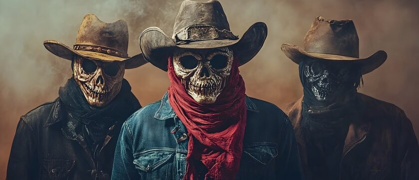 Haunting Wild West Outlaw Figures Wearing Creepy Halloween Masks that Conceal Their Identities in a Gritty Moody Desert Landscape  The Sinister Masked Bandits Evoke a Sense of Danger Mystery