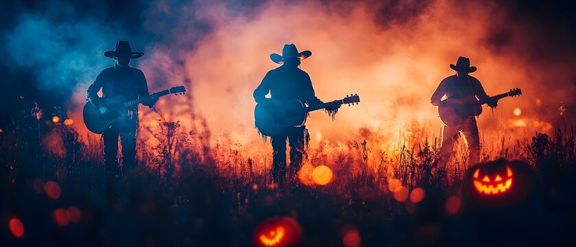Ghostly silhouettes of cowboy musicians playing guitar and performing eerie country music at a spooky Halloween hoedown in a rural autumn landscape with pumpkins and a campfire