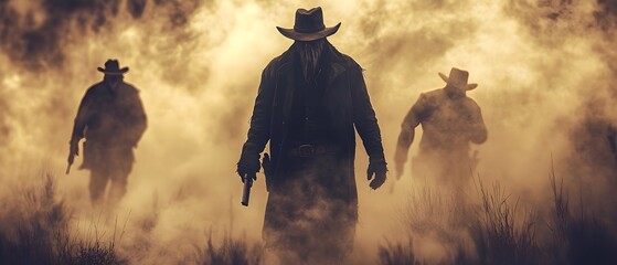 Dramatic confrontation between ghostly outlaws in a moody atmospheric scene set in the desolate Wild West on Halloween night