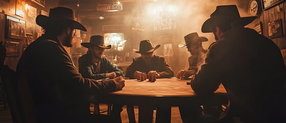 Ghostly cowboys gathered around a dimly lit poker table in a haunted saloon playing cards on an eerie Halloween night in the old Wild West  Supernatural atmosphere with smoke shadows and a spooky