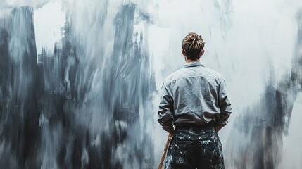 Obraz premium Brush Painting, Worker painting on surface wall Painting apartment, renovating with grey color paint. Leave empty copy space for text.