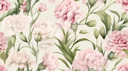 Softly painted carnation blossoms in shades of pastel pink and cream, layered with lush green foliage for a refined and seamless design