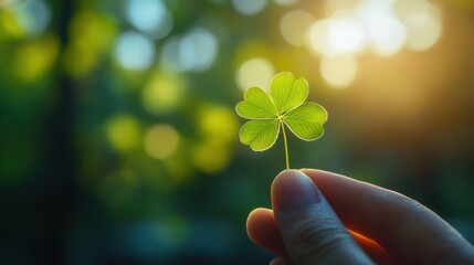 Woman holding green four leaf clover in hand in park background,Patricks day watercolor clipart,Spring flower pattern,Many shamrock plants,the Irish happy background.