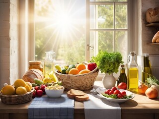 Market fresh produce on a kitchen table, sunlight through a window in the background