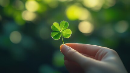 Woman holding green four leaf clover in hand in park background,Patricks day watercolor clipart,Spring flower pattern,Many shamrock plants,the Irish happy background.