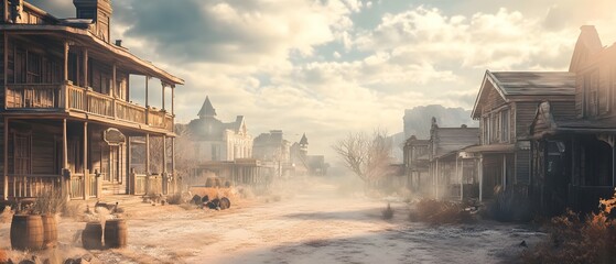 A ghostly and eerie Halloween treasure hunt adventure set in an abandoned vintage Wild West town with rustic buildings stormy skies and copy space for text overlay