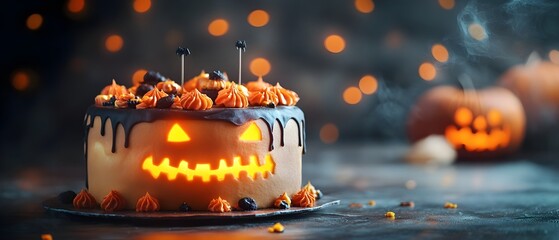 A photography concept of a Halloween candy cake topped with eerie glowing The dark moody image provides copy space for text overlay