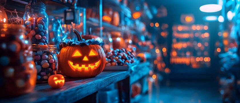 Haunted Halloween candy shop with eerie supernatural and spooky ominous lighting that creates a chilling unsettling atmosphere  Concept of a creepy macabre retail space for October holiday