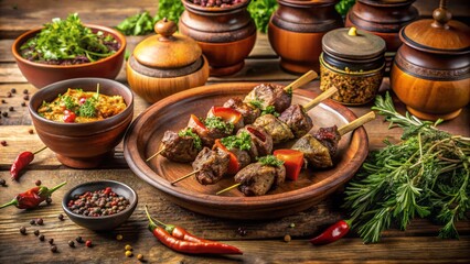 Warm sunlight dances across wooden boards, infusing rustic pungency from terracotta pots of herbs and spices.