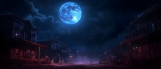 Eerie ghostly figures loom in the shadows of an abandoned and weathered Wild West town on a spooky Halloween night illuminated by the ominous glow of a full moon against a dark cloudy sky