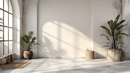A minimalist living room with large windows and white walls, featuring a potted plant and a wicker basket, bathed in warm sunlight.