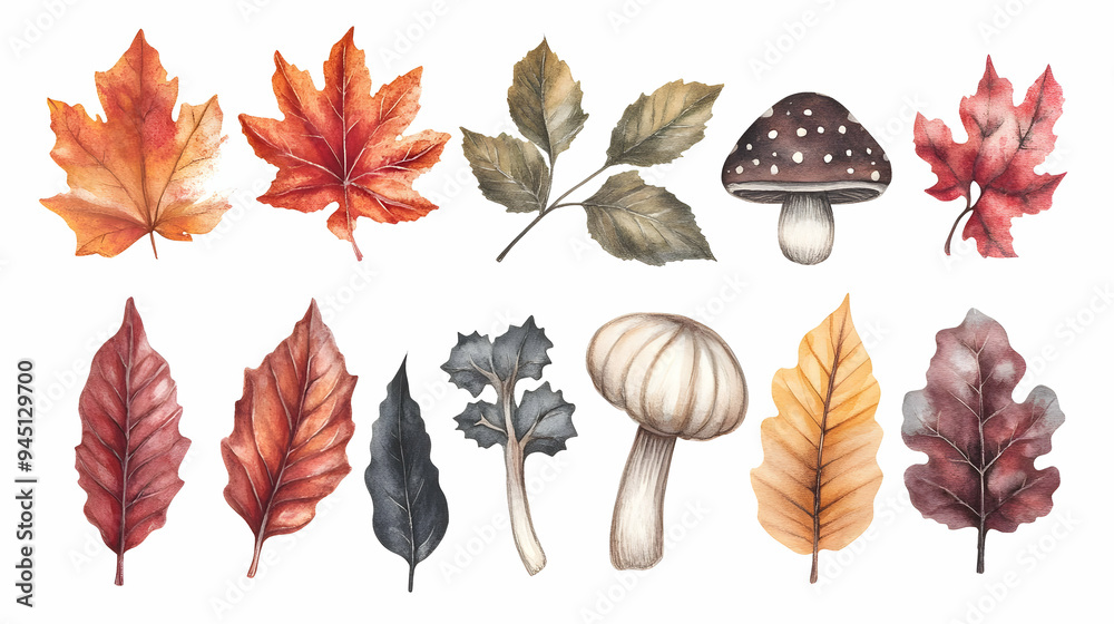 Wall mural watercolor autumn leaves and mushrooms illustration set