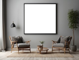 Modern Living Room with Two Armchairs, a Coffee Table, and a Blank Canvas