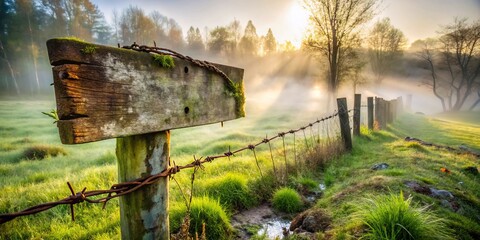 Weathered wooden sign, once plain, now bearing faded white lettering, stands amidst worn concrete trench, rusty wire, and swirling fog.