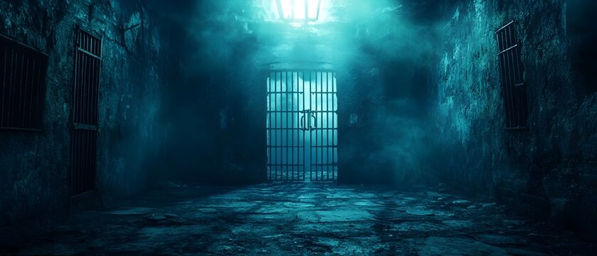 Haunted Jailhouse on a Wild West Halloween Night with Spooky Supernatural Prisoners Locked in Their Cells Creating an Ominous and Unsettling Atmosphere