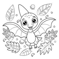 Fototapeta premium Playful Cartoon Pterodactyl with Tropical Leaves and Dinosaur Eggs for Coloring