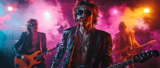 Electrifying Halloween Party with 80s Music Theme and Costumed Guests Performing on Lit Stage with Smoke and Neon Lights