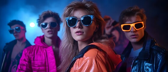 Vibrant and energetic 80s themed Halloween party with a crowd of guests dressed up as iconic action movie heroes captured in a stylized