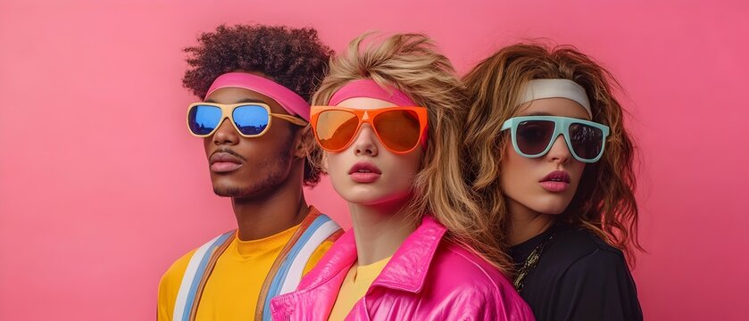 Lively Retro 80s Themed Halloween Party Featuring Group of Guests Wearing Iconic Athlete Costumes and Posing with Vibrant Disco Inspired Styling