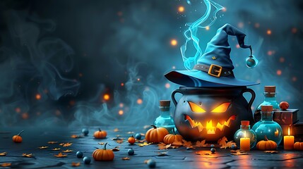 A whimsical paper art scene of a bubbling cauldron, with glowing green potion, paper potion bottles and spell books scattered around, a witch's hat hovering above, set against a dark, misty backdrop,