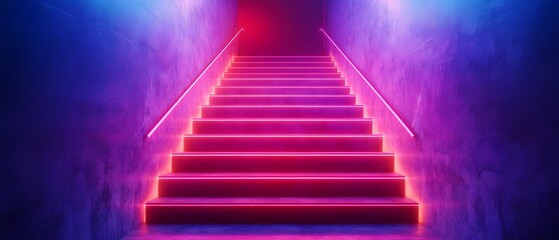 Surreal and moody neon lit staircase leading through a mysterious and atmospheric haunted house with a retro 80s synthwave style and futuristic digital aesthetic