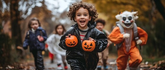 A group of enthusiastic trick or treaters dressed as iconic 80s movie characters like Ghostbusters and Gremlins exploring an autumnal landscape filled with pumpkins leaves