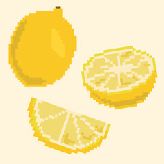 Pixel icons with whole lemon, half and slice on a light background. Ideal for game and retro design, packaging, textiles and digital art projects.
