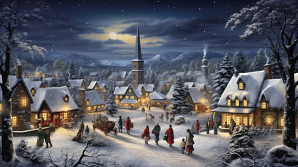 Snowy Christmas Village Night with Full Moon and Church Bell Tower