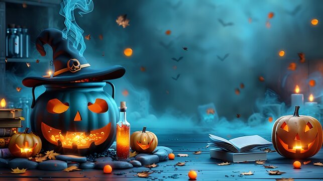 A witch's cauldron bubbling with a glowing potion in a paper-crafted scene, with potion bottles, spell books, and a witch's hat made of layered paper,