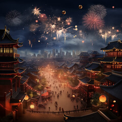 Obraz premium Night Festival in Ancient Chinese City with Fireworks