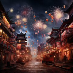 Festive Street with Firework Display in Asian City