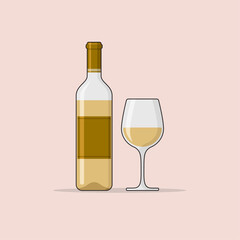 Bottle and Glass of White Wine, Alcohol Product Flat Design Vector Illustration.