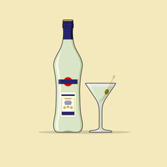 Martini Bottle with a Glass, Alcohol Product Flat Design Vector Illustration.