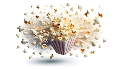 Flying popcorn isolated on white background, with clipping path, macro