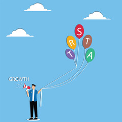 Man holds balloons with the inscription start