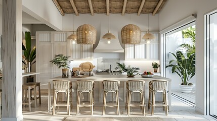 A modern kitchen featuring natural materials, open space, and tropical plants.