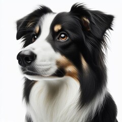 Close-up of a border collie dog with black and brown fur looking attentively at the camera on a white background. Generated by AI.