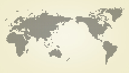 Asia centered world map made of black triangles on light yellow background. Pixelated triangular...