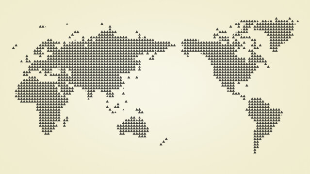 Asia centered world map made of black triangles on light yellow background. Pixelated triangular halftone world map. - Powered by Adobe