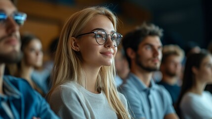 Fototapeta premium A woman with glasses is smiling at a crowd of people