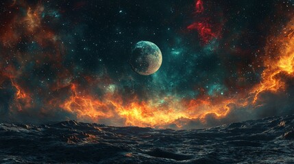 Cosmic moonrise, the moon emerging over an alien horizon, vibrant nebulae in the sky, otherworldly vibes