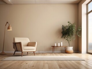 Minimalist Living Room Interior with Armchair, Plant, and Floor Lamp