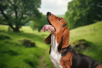 Happy cute dog on nature background