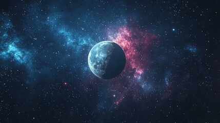 Naklejka premium Cosmic night sky with the moon surrounded by vibrant nebulae and distant galaxies, deep space feeling