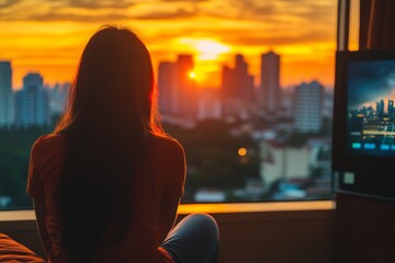 Woman sitting by the window watching a sunset over a cityscape symbolizing reflection tranquility and the peaceful transition from day to night in an urban setting