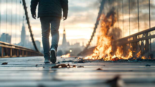 A figure walking away from a burning bridge social sanction consequences of severed ties