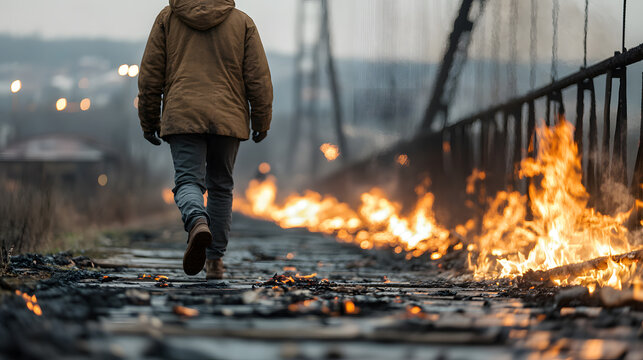 A figure walking away from a burning bridge social sanction consequences of severed ties